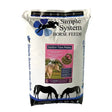 White bag of simple system horse feeds sainfoin fibre pellets with blue floral logo and black horse silhouettes