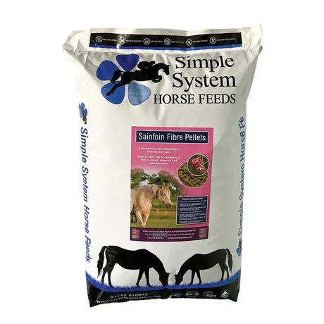 White bag of simple system horse feeds sainfoin fibre pellets with blue floral logo and black horse silhouettes