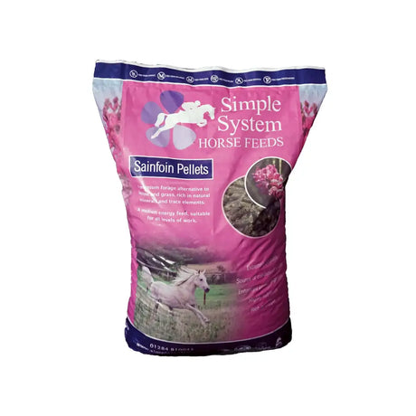 Pink and purple bag of simple system horse feeds sainfoin pellets with white horse silhouette and floral design