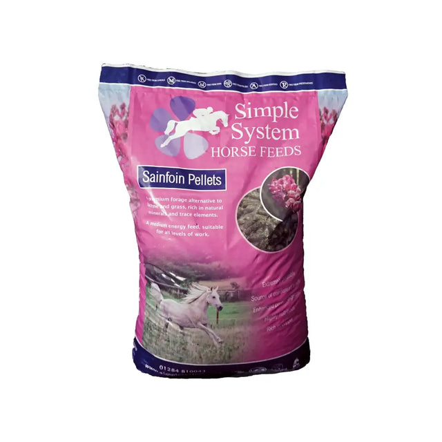 Pink and purple bag of simple system horse feeds sainfoin pellets with white horse silhouette and floral design