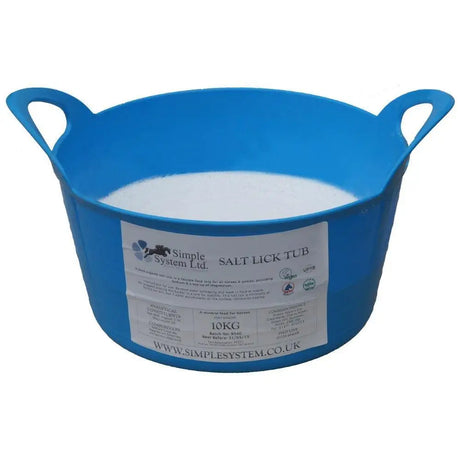Blue plastic salt lick tub with two handles and a white simple system ltd label for horse feeds salt lick use