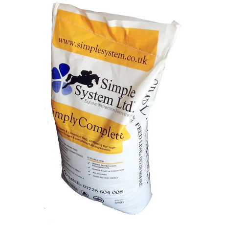 White and yellow bag of simple system ltd horse feeds simply complete with linseed meal for balanced nutrition