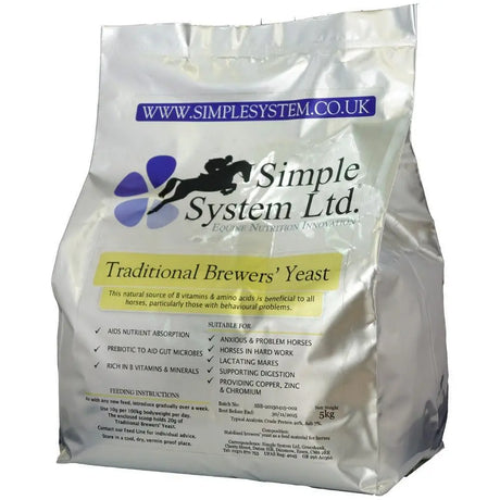A 5kg silver foil bag of simple system ltd traditional brewers yeast horse feed with natural ingredients