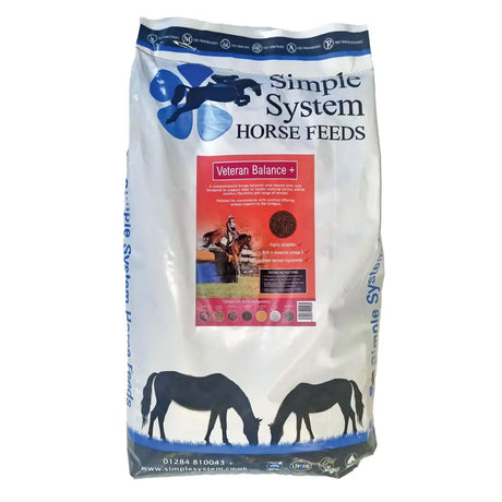 White bag of simple system horse feeds veteran balance plus with blue and black graphics and grazing horse silhouettes