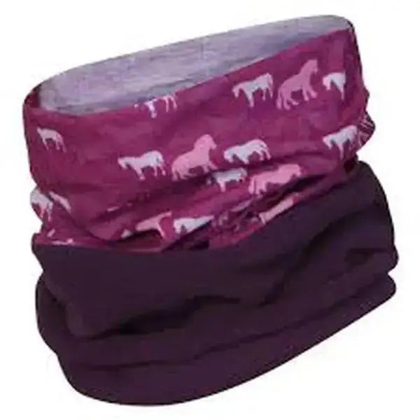 Maroon and dark purple multi-layered skats riding snood with a white horse patterned skats riding neck warmer