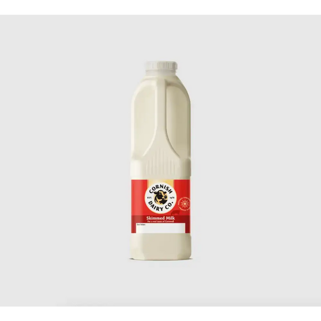 A white plastic bottle of skimmed milk cornish dairy co perfect for milk cornish dairy or jimmys iced coffee use