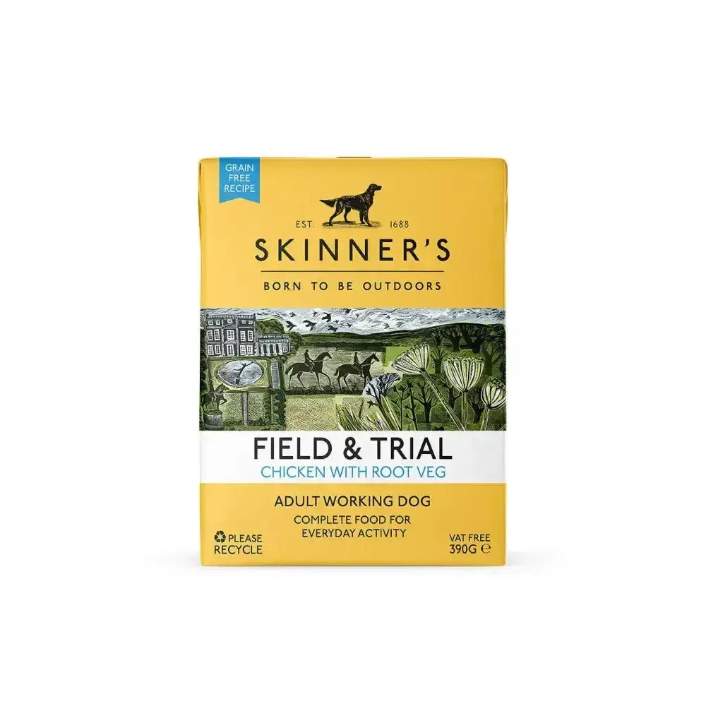 Yellow rectangular skinners field and trail adult chicken and root veg wet dog food pack with countryside illustration