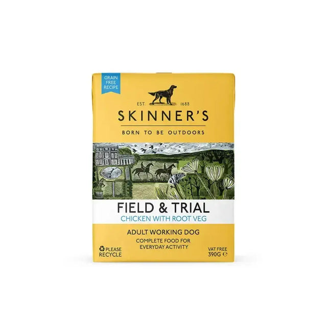 Yellow rectangular skinners field and trail adult chicken and root veg wet dog food pack with countryside illustration