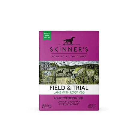 A vibrant magenta skinners field root veg wet dog food pack with lamb and grain free formulation for adult dogs