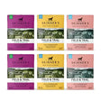 Skinner’s field & trial adult wet dog food 390g pouches in purple yellow and pink with illustrated designs