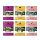 Skinner’s field & trial adult wet dog food 390g pouches in purple yellow and pink with illustrated designs