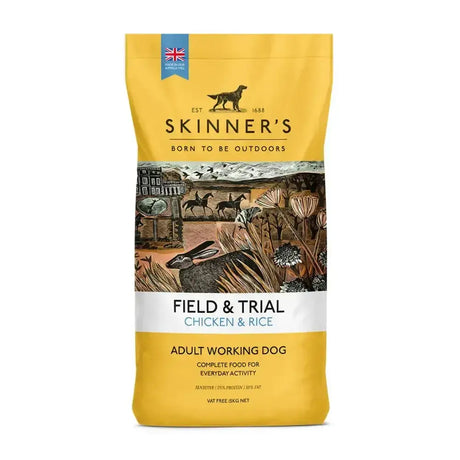 Yellow bag of skinners field & trial chicken & rice complete working dog food for adult dogs