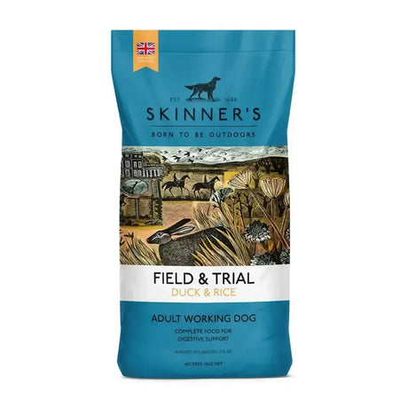 Blue bag of skinners field & trial duck & rice adult dog food from the sensitive range for working dogs