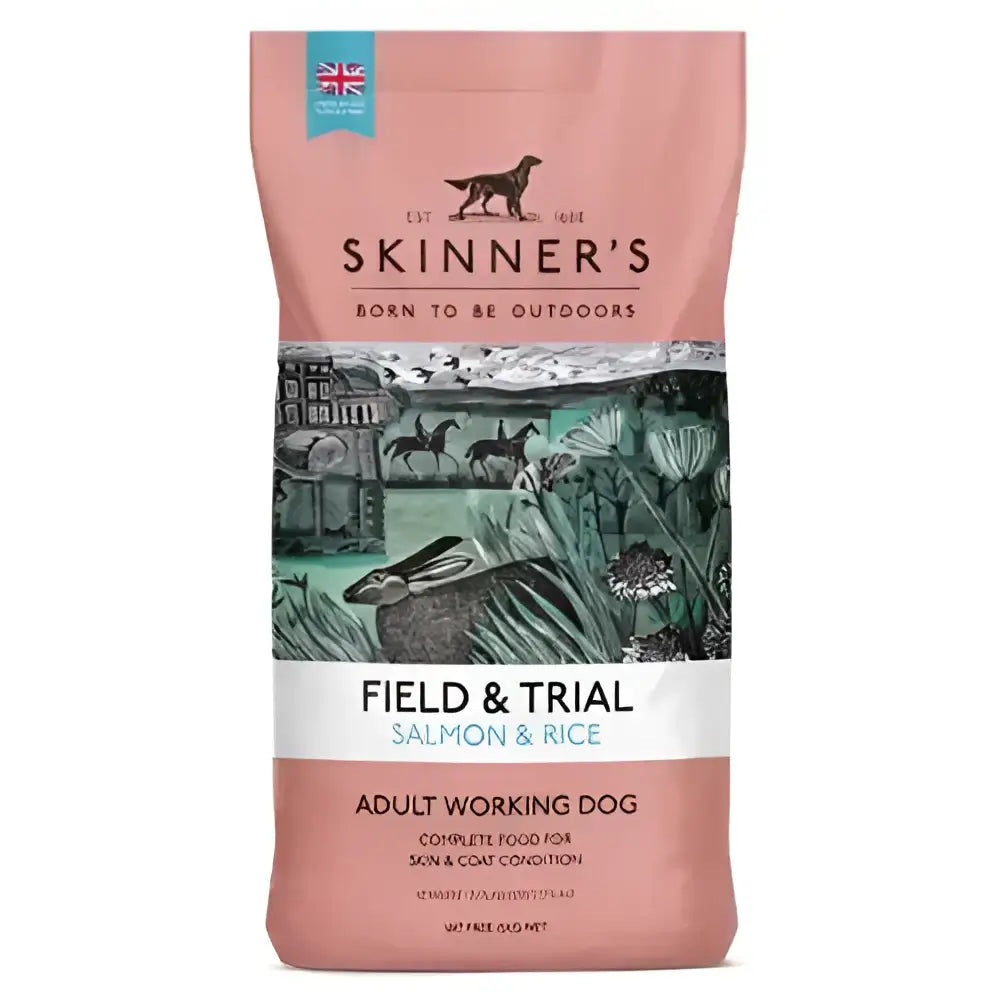 Pink bag of skinner’s field & trial grain free salmon & rice dry dog food for adult working dogs