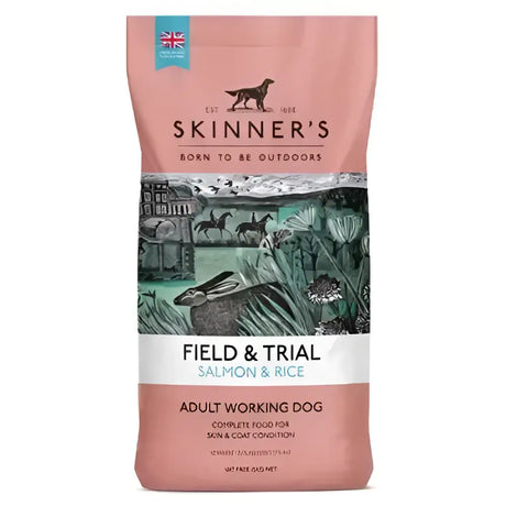 Pink bag of skinner’s field & trial salmon & rice dry dog food for adult working dogs grain free formula