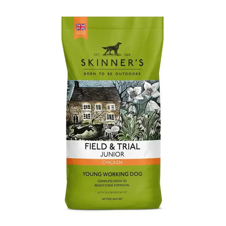 Green bag of skinners field trial junior complete dry dog food with vintage stone house and dogs illustration