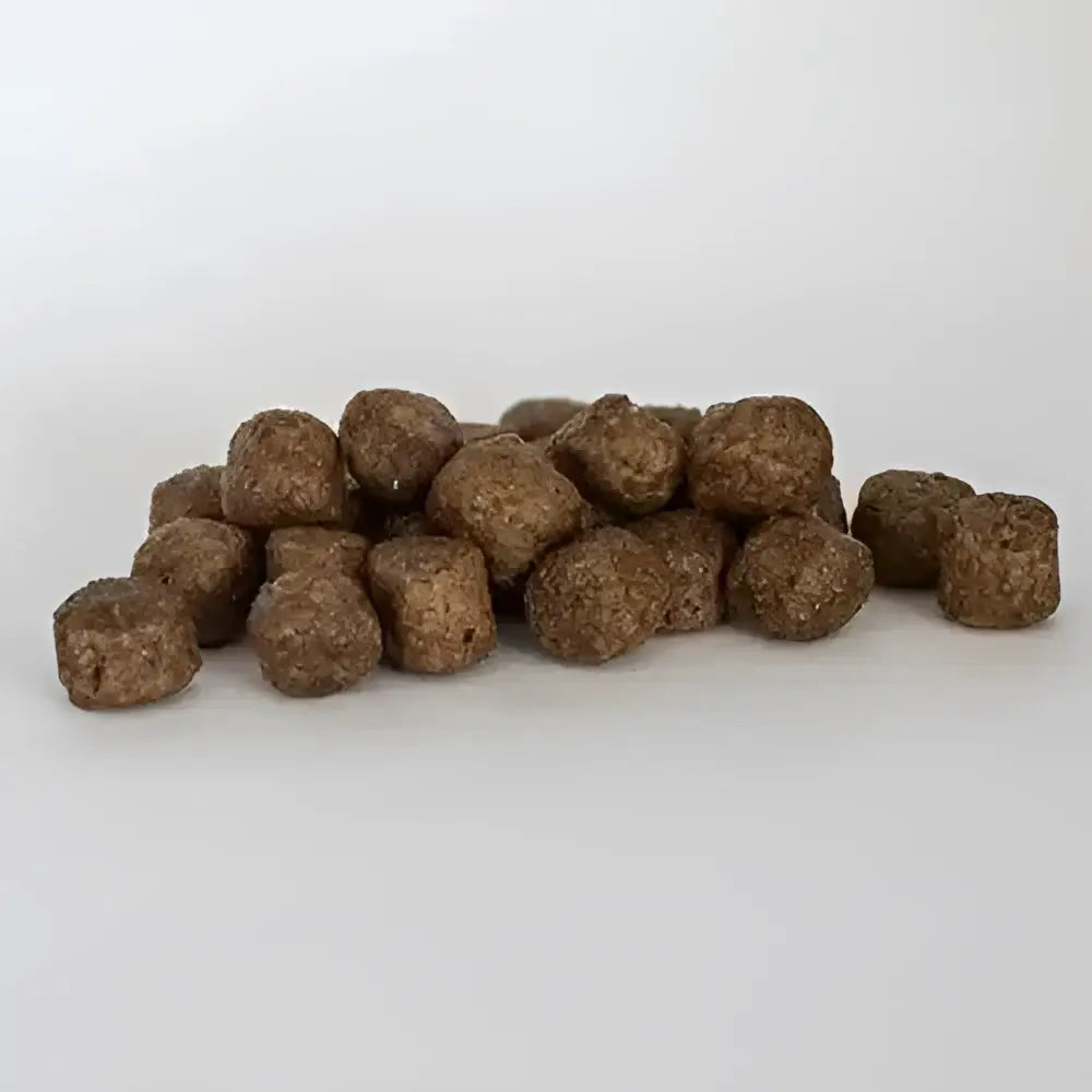 Brown round kibble pellets from skinners field trial junior chicken complete dry dog food for young dogs