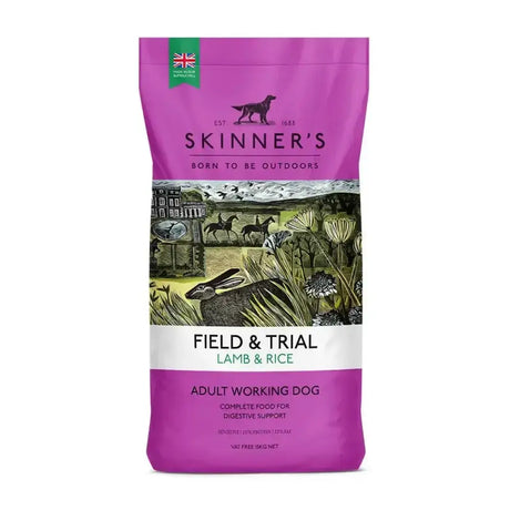 A vibrant purple bag of skinner’s field & trial lamb & rice dog food with countryside rabbits and horses illustration
