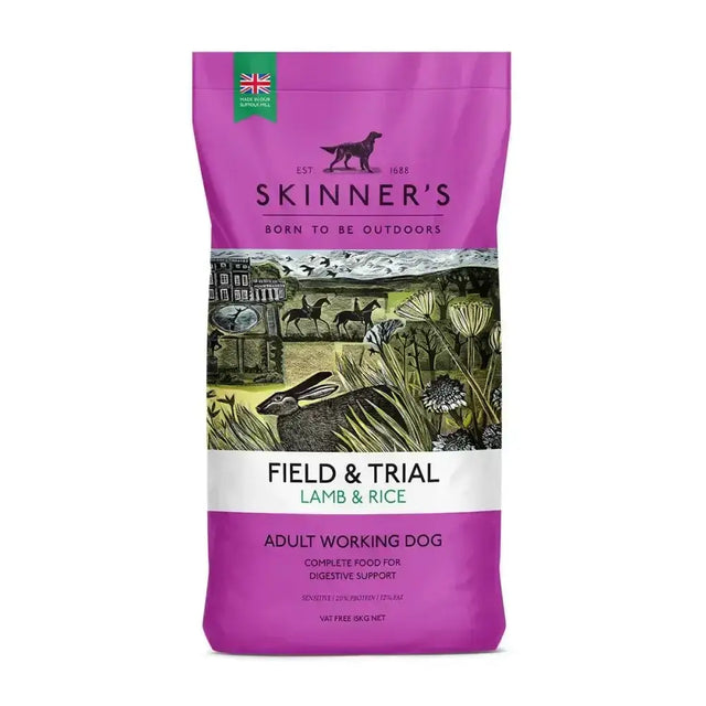 A vibrant purple bag of skinners field & trial lamb & rice dog food with countryside illustrations for working dogs