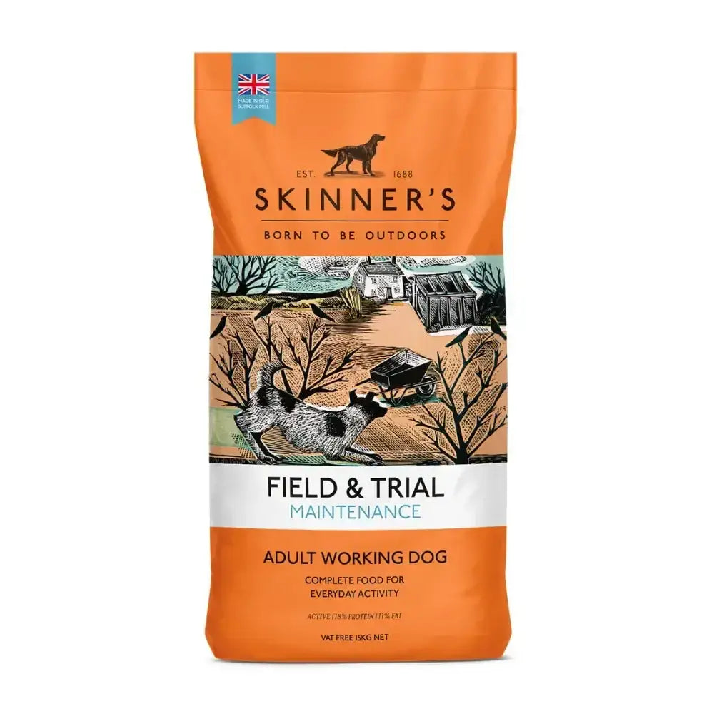 Orange bag of skinners field & trial maintenance complete working dog food with rustic illustration and british flag emblem