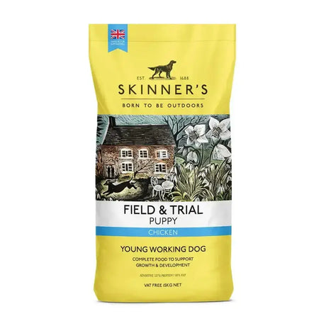 Yellow skinners field & trial complete dry puppy dog food bag with rustic cottage and garden illustration