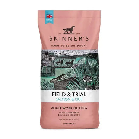 Pink bag of skinner’s field & trial salmon & rice adult working dog food for trial salmon rice diet