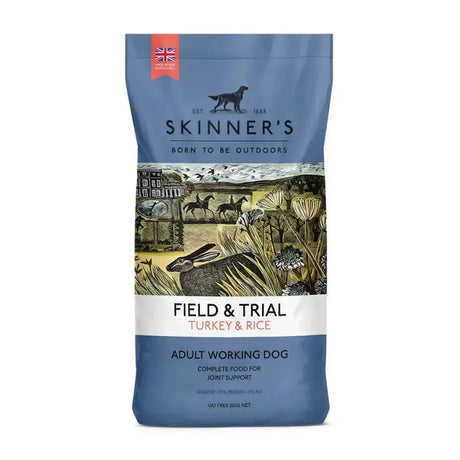 Blue bag of skinners field and trial turkey and rice adult dog food with joint aid to support joint health