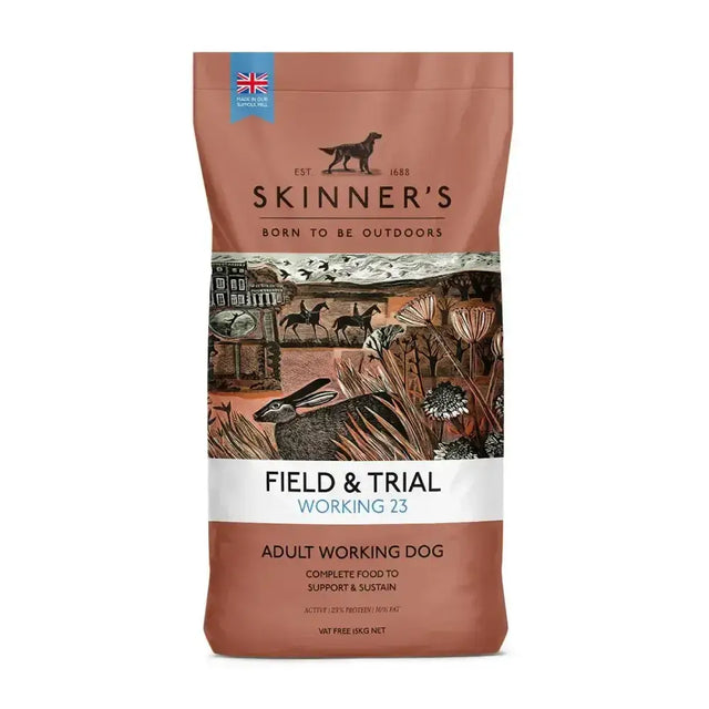 A brown bag of skinners field & working trial 23 complete working dog food with rustic horse and rabbit illustrations
