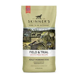 Skinner’s field trial grain-free recipe adult working dog food in beige bag with chicken and sweet potato flavor