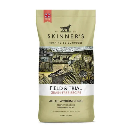 Skinters field trial grain free recipe adult dog food in beige bag with chicken and sweet potato flavor