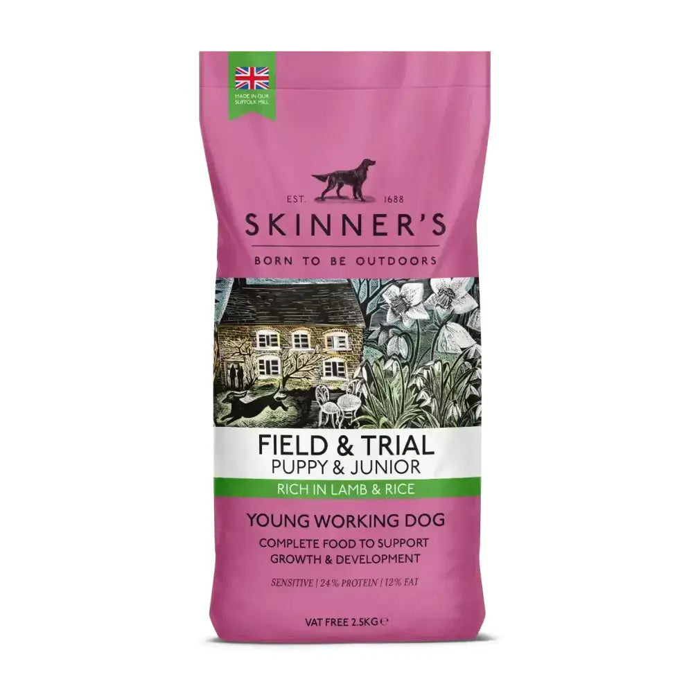 Pink bag of skinners puppy and junior dog food rich in lamb meat meal and rice for trial puppy lamb nutrition