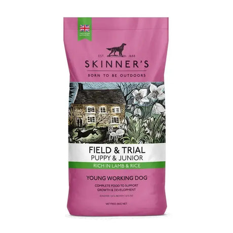 Pink bag of skinners puppy lamb dog food rich in lamb meat meal and rice for trial puppy and junior dogs 15kg