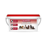 White plastic bucket with red lid and handles labeled skinners puppy milk complete milk substitute with puppy images