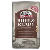 Brown and silver skinner’s ruff ready dog food bag with vintage dog kitchen illustration and protein-rich meats varied recipe diet