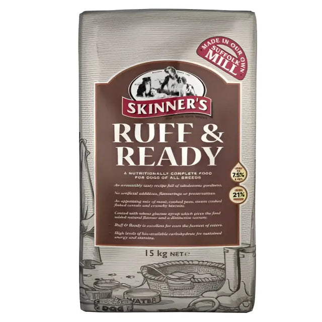 Brown and silver skinner’s ruff ready dog food bag with vintage dog kitchen illustration and protein-rich meats varied recipe diet