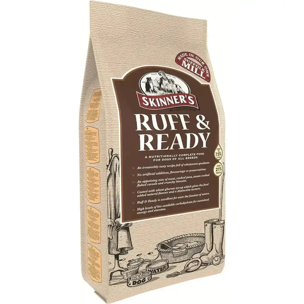 Skinners ruff ready dog food in a beige textured bag with brown and black branding featuring protein-rich meats