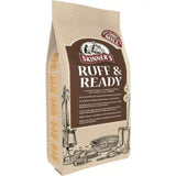 Skinners ruff ready dog food in a beige textured bag with brown and black branding featuring protein-rich meats