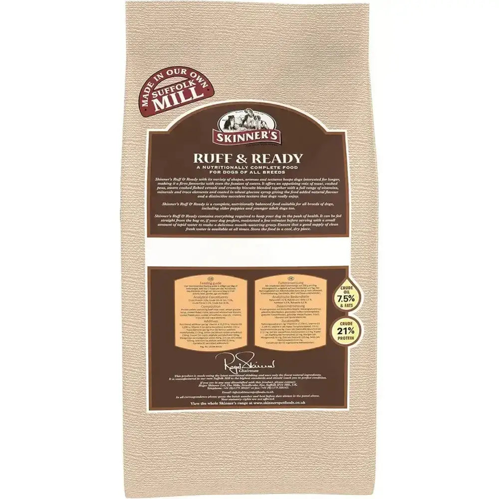 Beige textured bag of skinners ruff ready dog food with brown label featuring protein rich meats for varied recipe diet