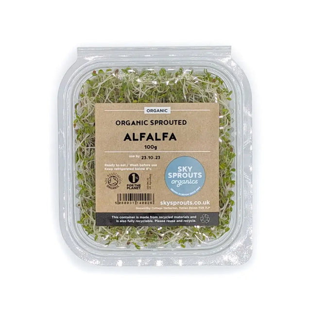 Sky sprouts organic alfalfa sprouts in a clear plastic container with a brown paper label provide fresh and healthy greens