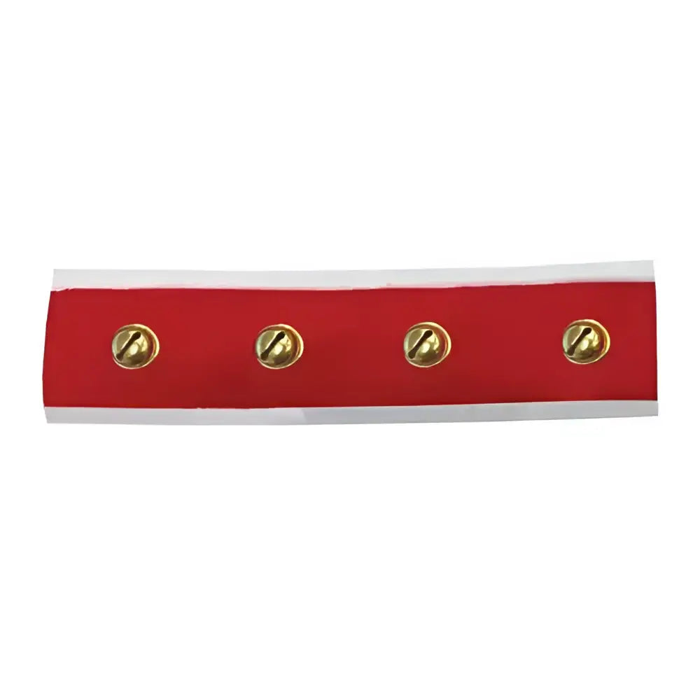 Red adhesive strip with four gold screws designed as limited edition sleigh bell bridle accessories by equetech