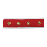 Red adhesive strip with four gold screws designed as limited edition sleigh bell bridle accessories by equetech