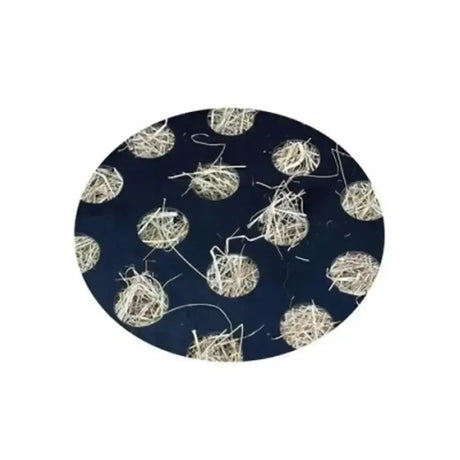 Dark blue oval spare grazing grid mat with light beige tangled fiber circles for slo-grazer circular holed grazing grid