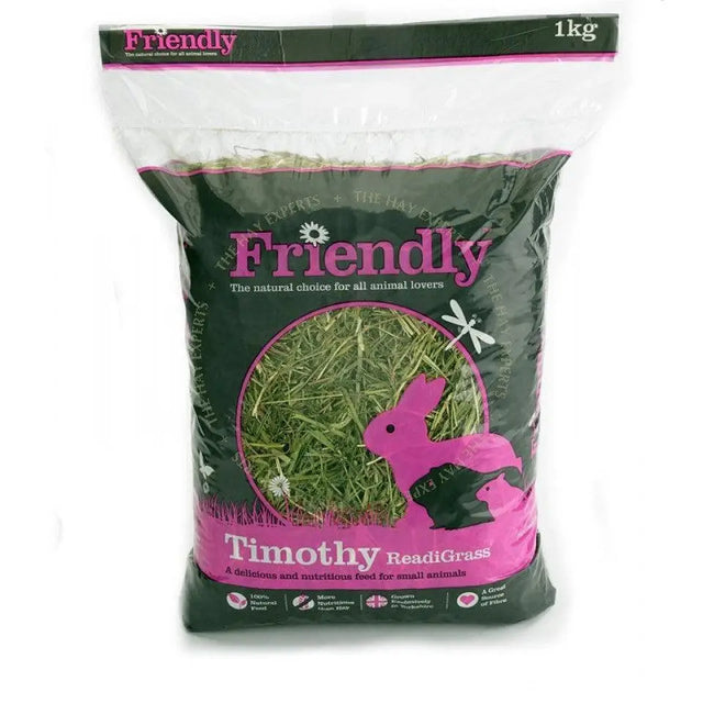 A 1kg bag of friendly timothy readigrass4x1kg with pink and green design featuring a rabbit for souroyal canine