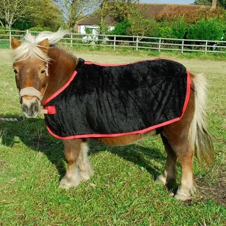 Small pony coral fleece rugs black quilted horse blanket with red trim made of warm coral fleece material