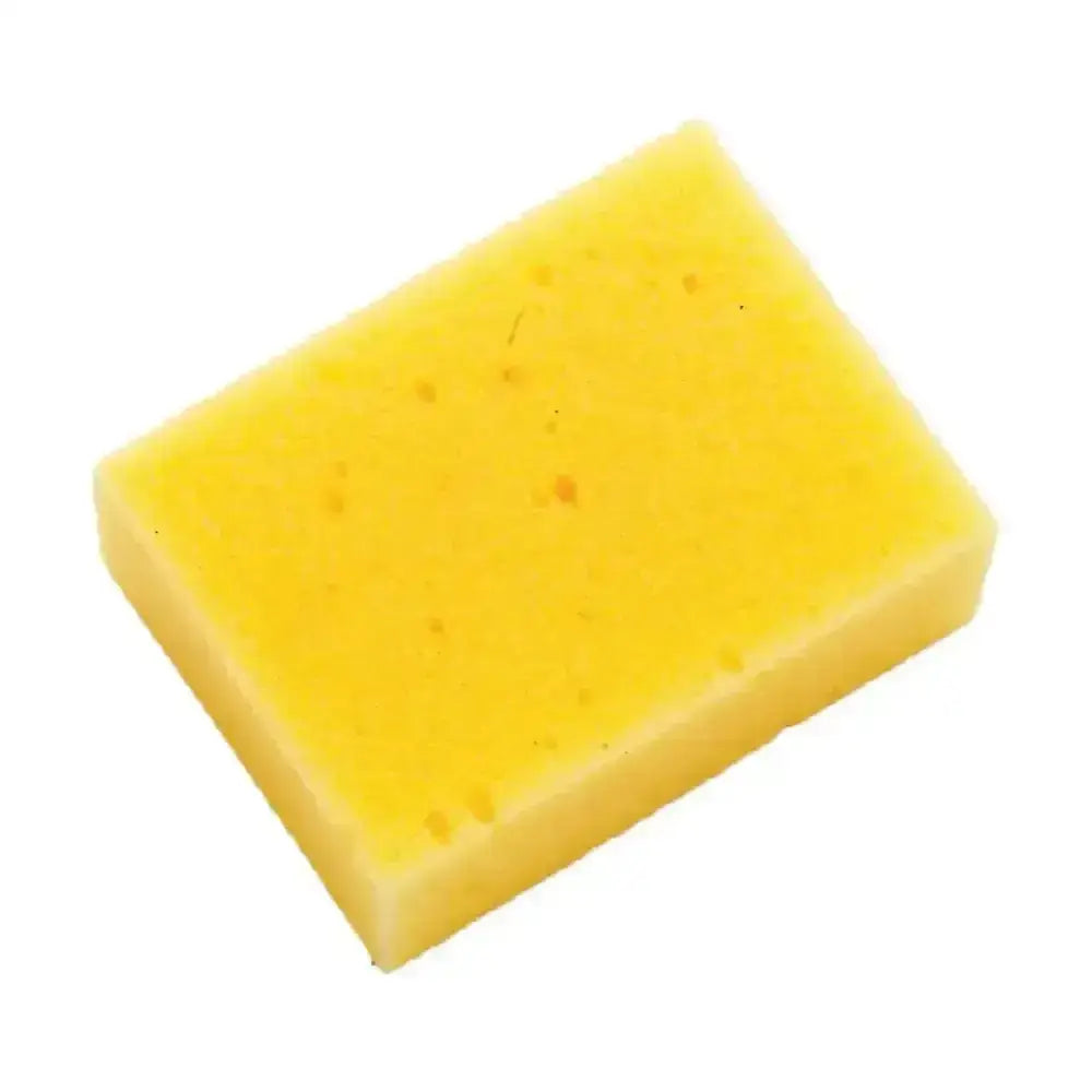 Small tack cleaning sponges bright yellow handy sized sponge 4inch x 3inch with porous texture and dark specks