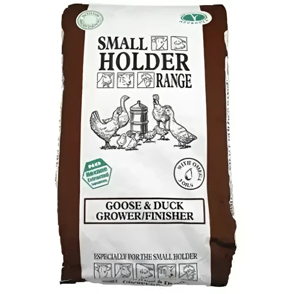 Brown and white bag of allen & page small holder range goose and duck grower finish feed for small holders