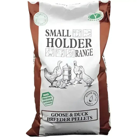 Brown and white bag of small holders goose and duck breeder pellets for natural egg production poultry feed