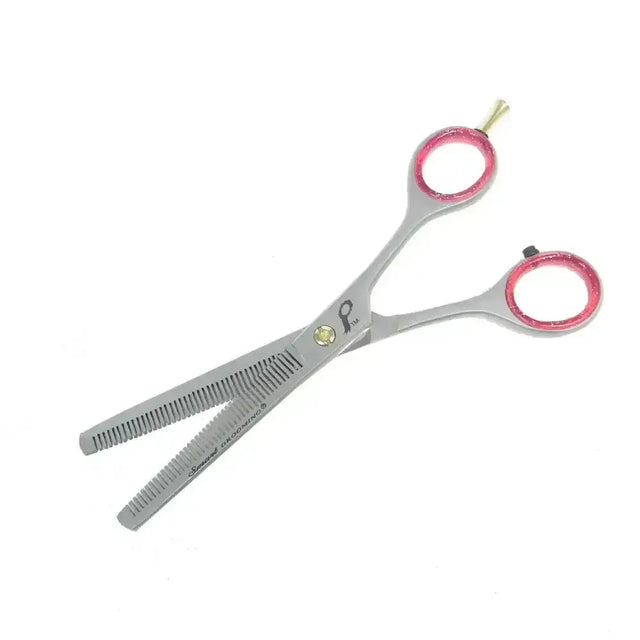 Smart grooming 6 inch double leg thinning scissors with pink-accented metal blades and comb-like edge for precise cuts