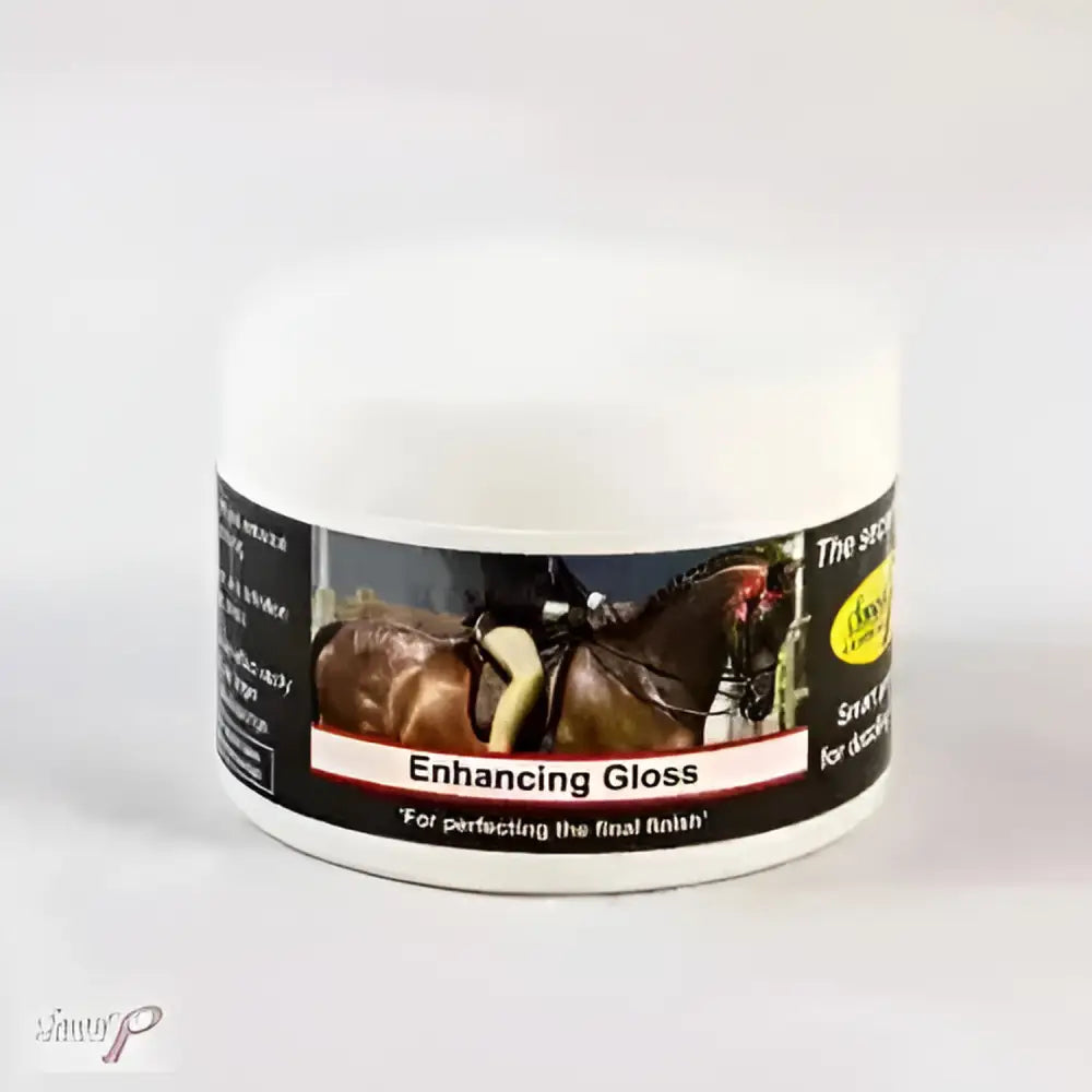 White cylindrical jar of smart grooming enhancing gloss with a black label to enhance natural colouring for showing and plaiting