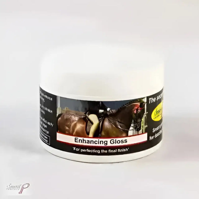 White cylindrical jar of smart grooming enhancing gloss with a black label to enhance natural colouring for showing and plaiting